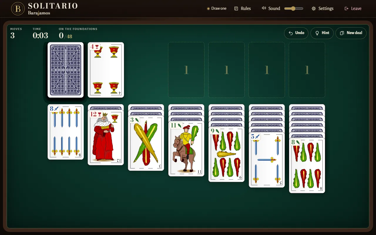 A game of Classic Solitario on Barajamos: the seven columns, the four foundations and the stock on the cloth, with the moves and the time above.