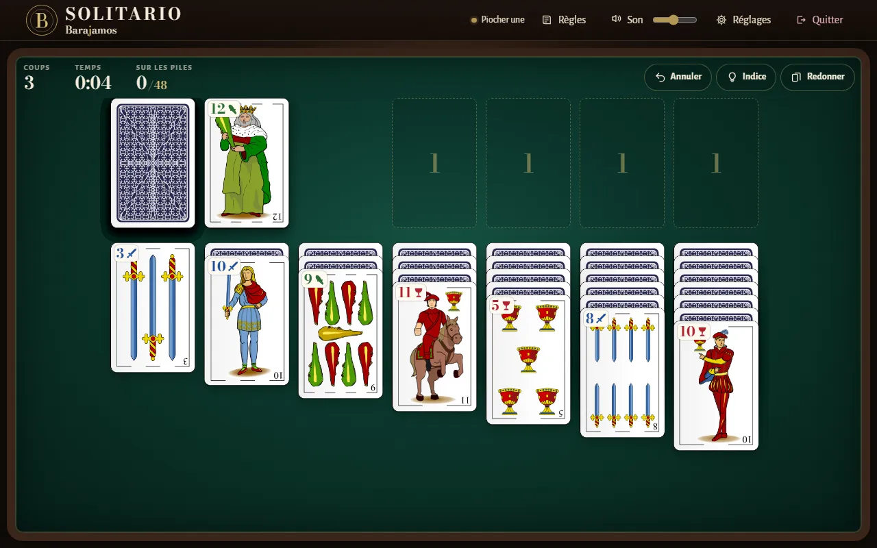 Une partie de Solitario classique sur Barajamos : les sept colonnes, les quatre piles et la pioche sur le tapis, avec les coups et le temps au-dessus.