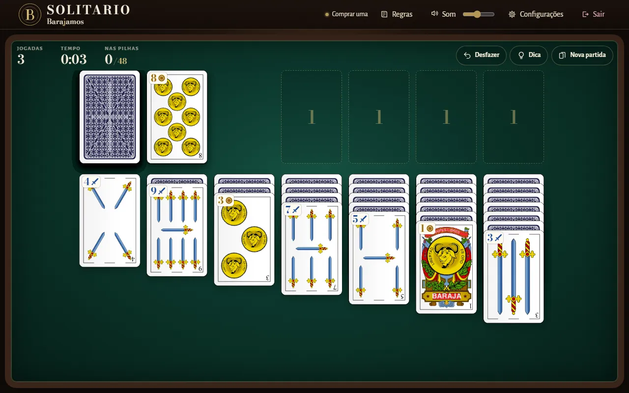 Partida de Solitario clássico no Barajamos: as sete colunas, as quatro pilhas e o monte sobre o feltro, com as jogadas e o tempo em cima.