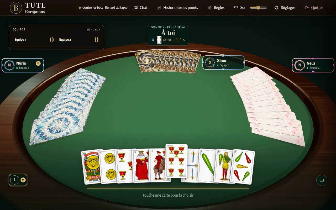 Une partie de Tute classique sur Barajamos : les cartes sur le tapis, les quatre places et le score.